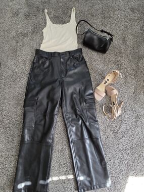 Abercrombie Vegan Leather Cargo Pants Black High Rise Wide Leg